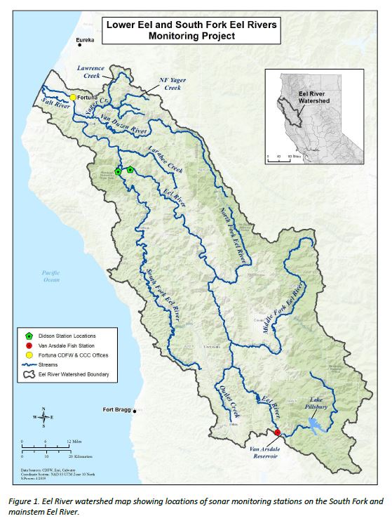 Map showing the location of the South Fork Eel and Lower Eel River sonar cameras